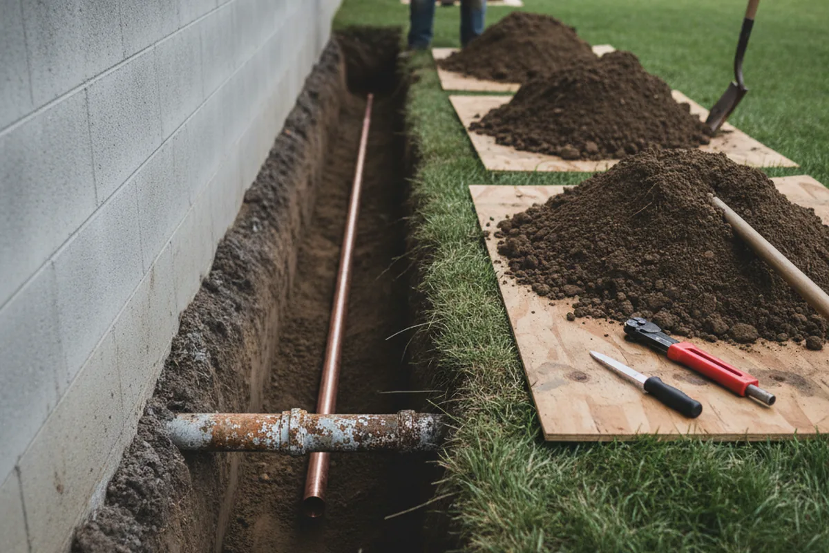 Excavated water line trench during Water Softener Installation in Verplanck